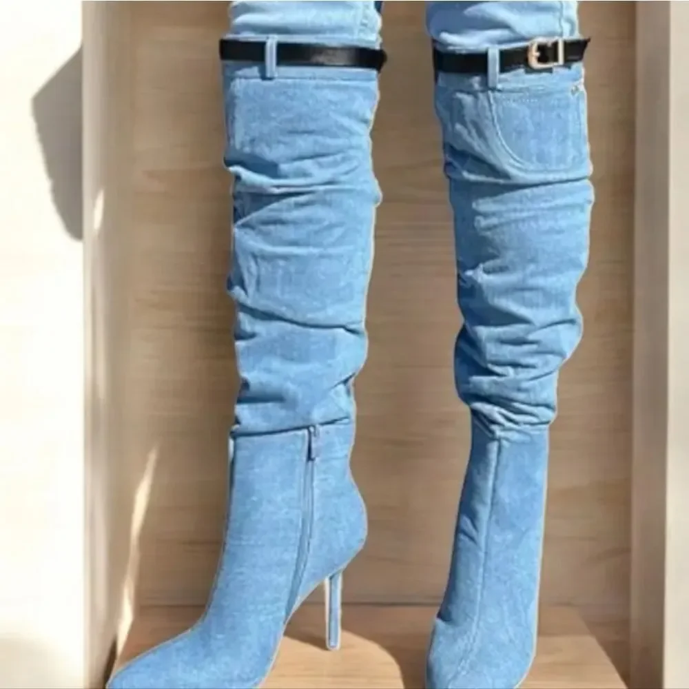 BRAND NEW SHOEDAZZLE BUCKLE OVER THE KNEE STILETTO HEEL WOMENS SLOUCH BOOTS